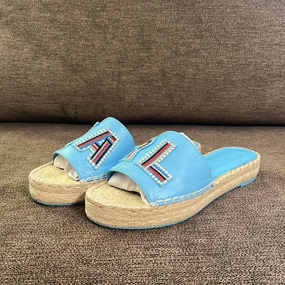 New Karl Lagerfeld Paris Caine Espadrille Slide Sandals Sz 36EU 6 US Baltic Blue